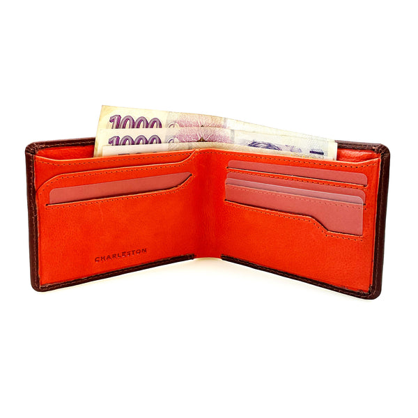 Slim pánská kožená peněženka Broadway - pohled do otevřené peněženky s kartami a bankovkami